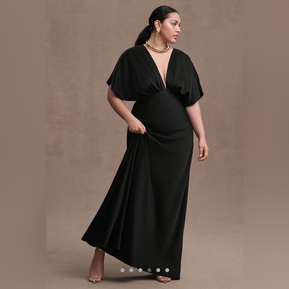 BHLDN Leila Deep-V Flutter-Sleeve Satin Charmeuse A-Line Gown in Black - Picture 2 of 4